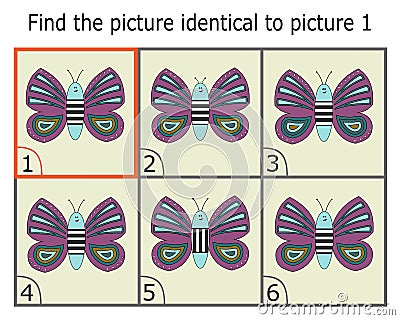 Illustration of Finding Two Identical Pictures. Educational Game for Children. Butterfly. Vector Illustration